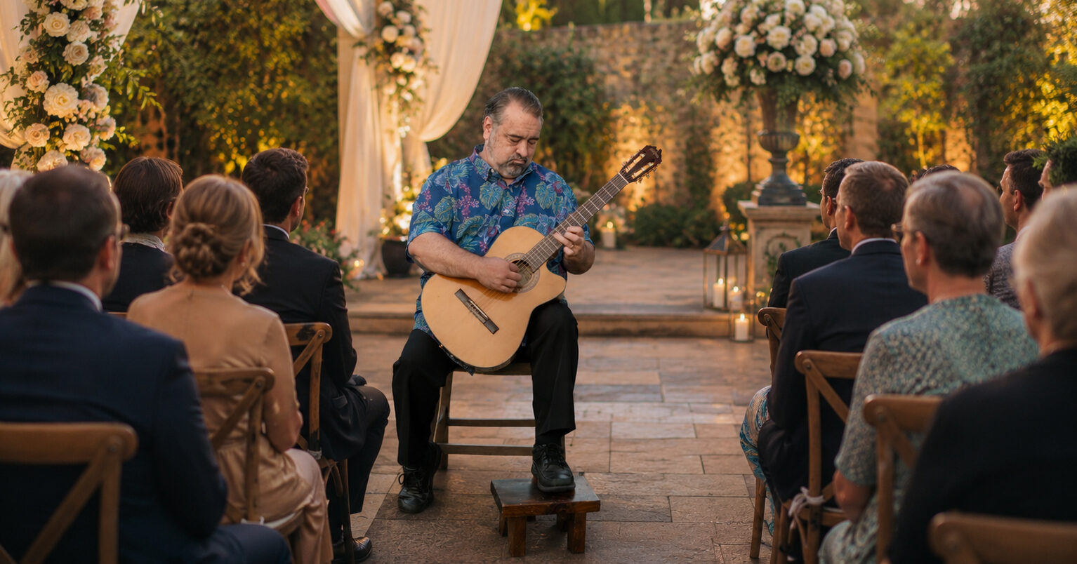 David Michael Cray performing live acoustic guitar music at an elegant wedding reception, entertaining guests with beautiful classical and contemporary melodies.